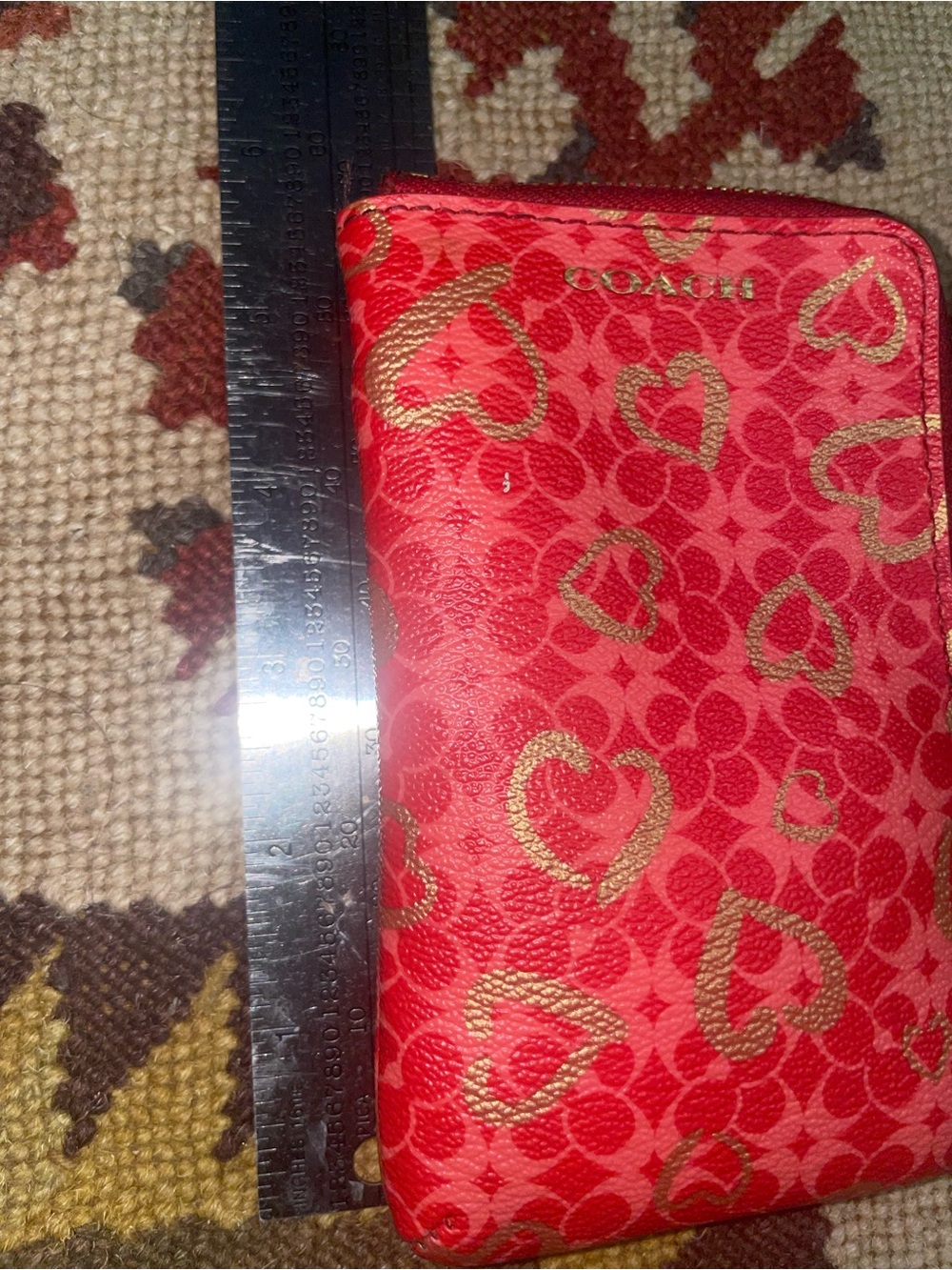 Vintage Coach Pink-Red Gold Heart Print Mini Wristlet with Gold Accents - Picture 9 of 10